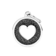 Load image into Gallery viewer, MY FAMILY GLITTER CIRCLE BLACK W/WHITE HEART BIG TAG