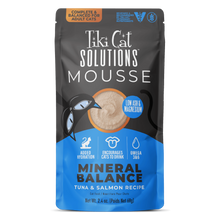 Load image into Gallery viewer, TIKI CAT SOLUTIONS MOUSSE MINERAL BALANCE TUNA &amp; SALMON POUCH 2.4OZ
