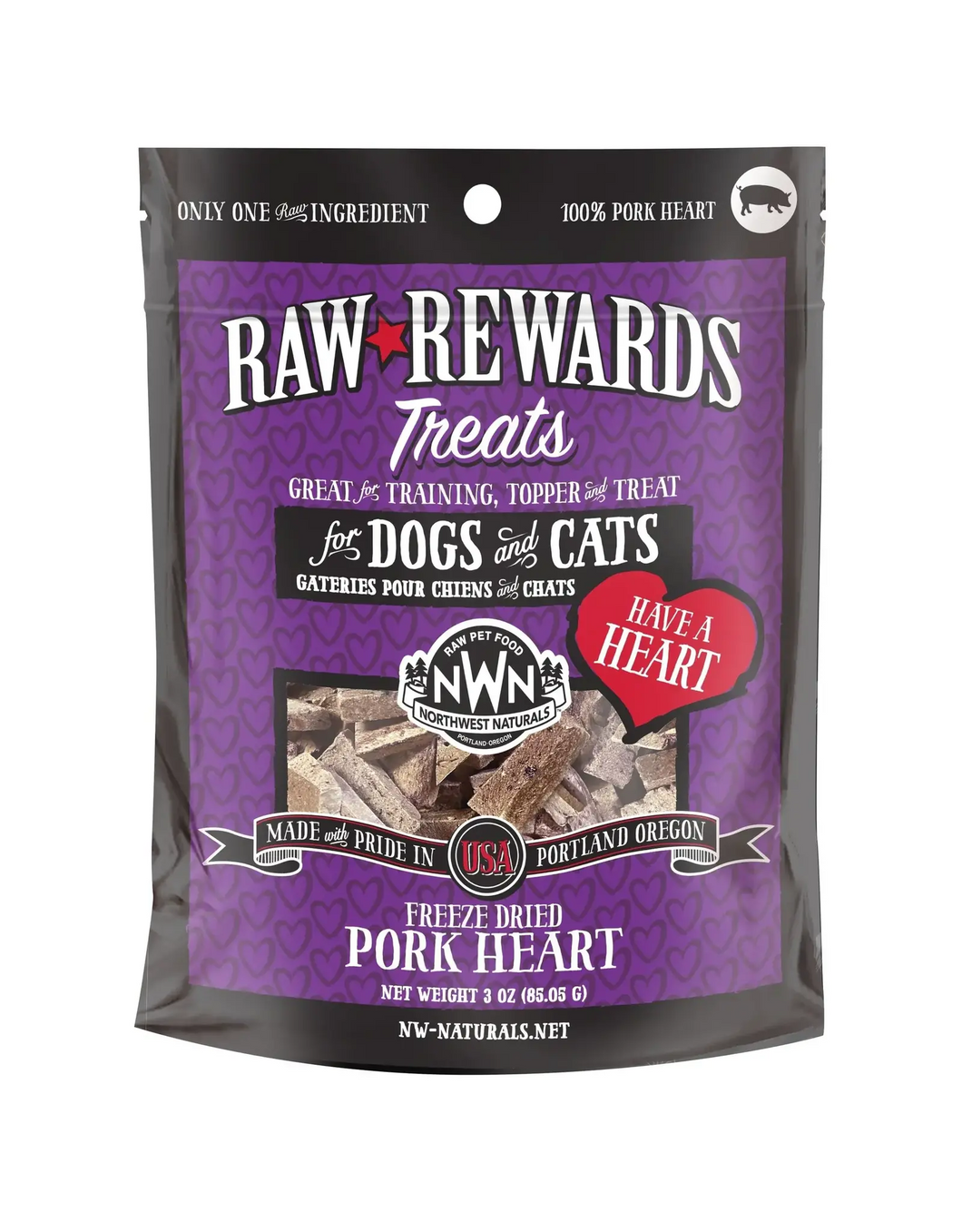 NORTHWEST NATURALS RAW REWARDS FREEZE-DRIED PORK HEARTS 3OZ