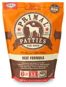 PRIMAL RAW FROZEN BEEF PATTIES DOG 6LB