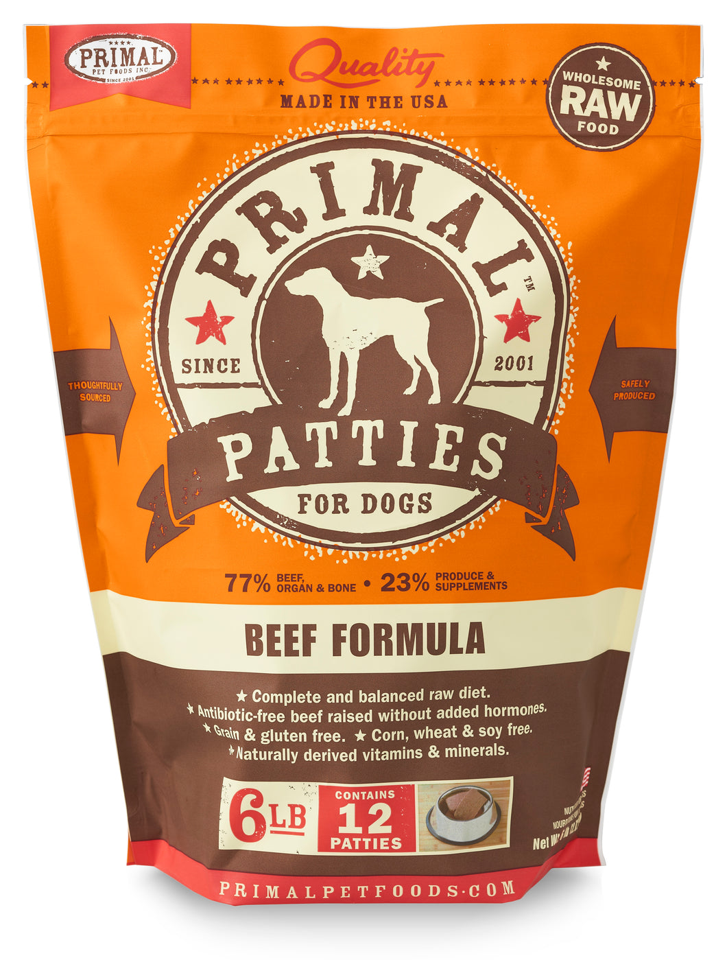 PRIMAL RAW FROZEN BEEF PATTIES DOG 6LB